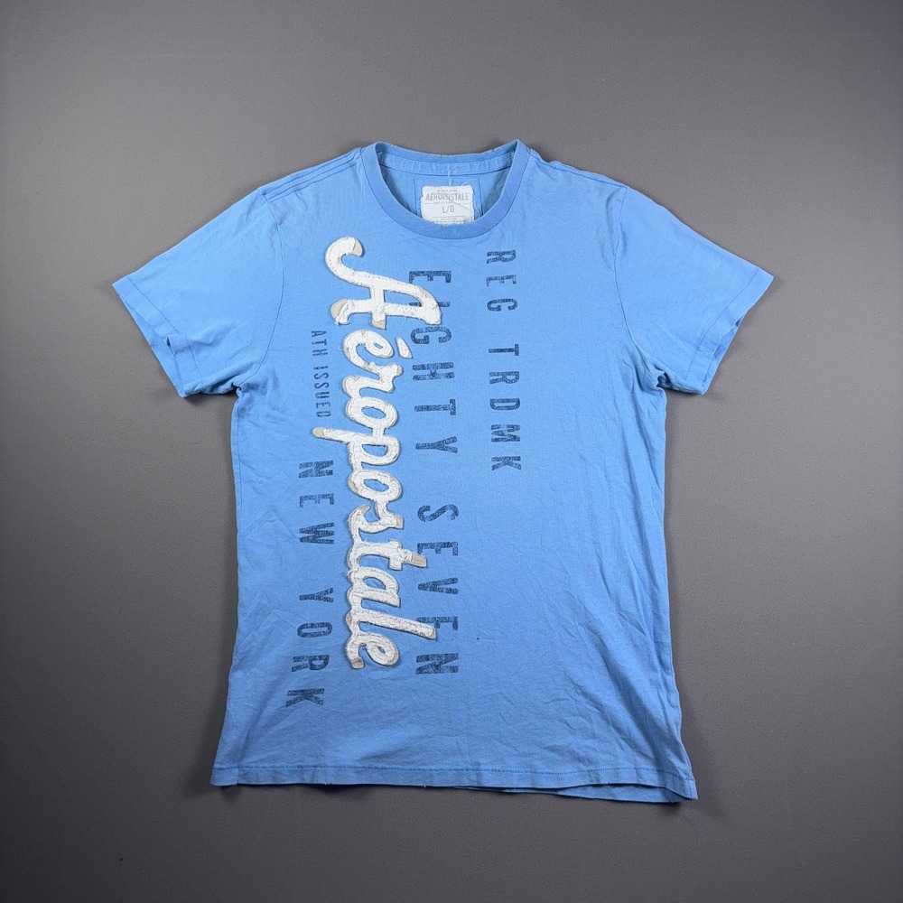 Aeropostale Eighty Seven T Shirt Blue Graphic Applique Logo Single Stitch Large